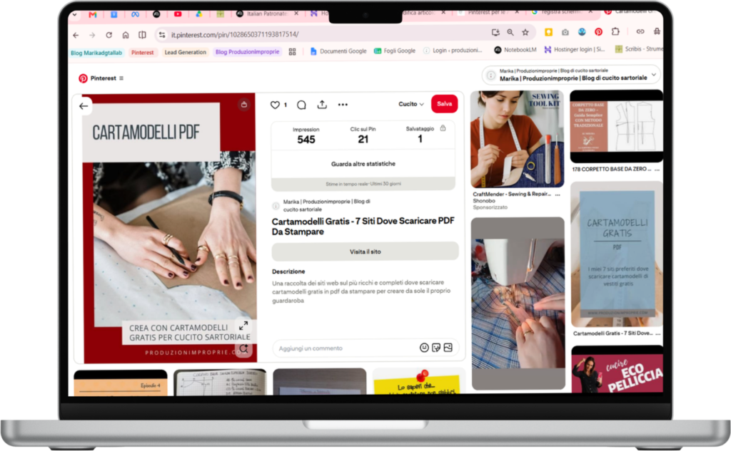 Mockup del dettaglio di un Pin di Pinterest da PC Pinterest offre statistiche molto dettagliate per le aziende.