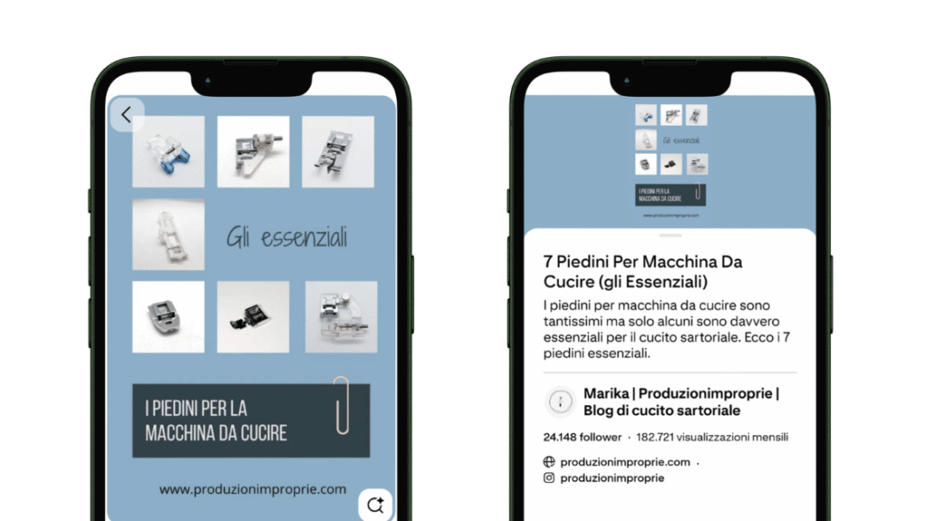 Screenshot di un Pin di Pinterest intero e del dettaglio di titolo e descrizione. Pinterest per il business